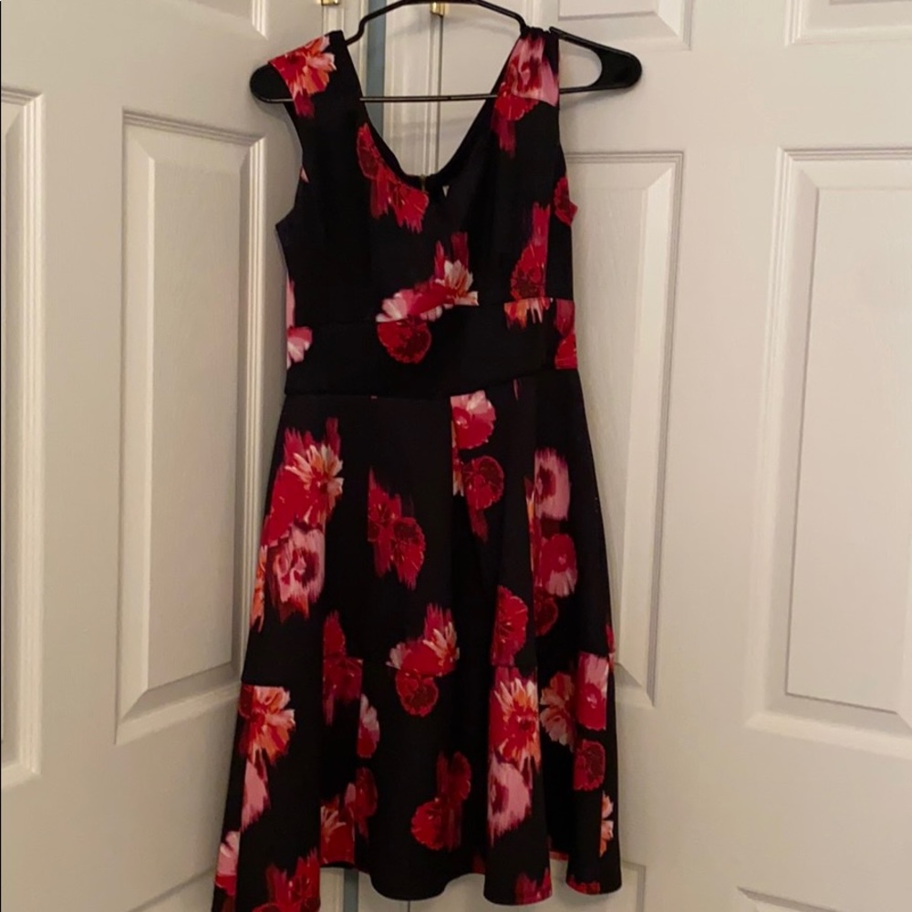 Fit n Flare Black dress w/red flowers- pockets.